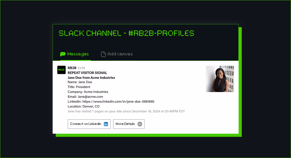 RB2B visitor identification dashboard showing LinkedIn profiles and company data